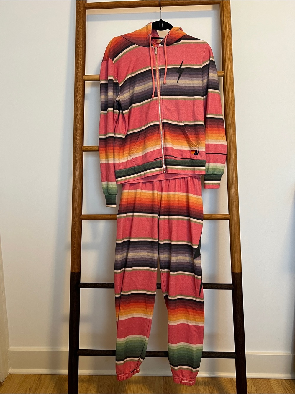 Aviator Nation Pink Serape Stripe Zip Hoodie & Sweatpants Set Bolt - Size M